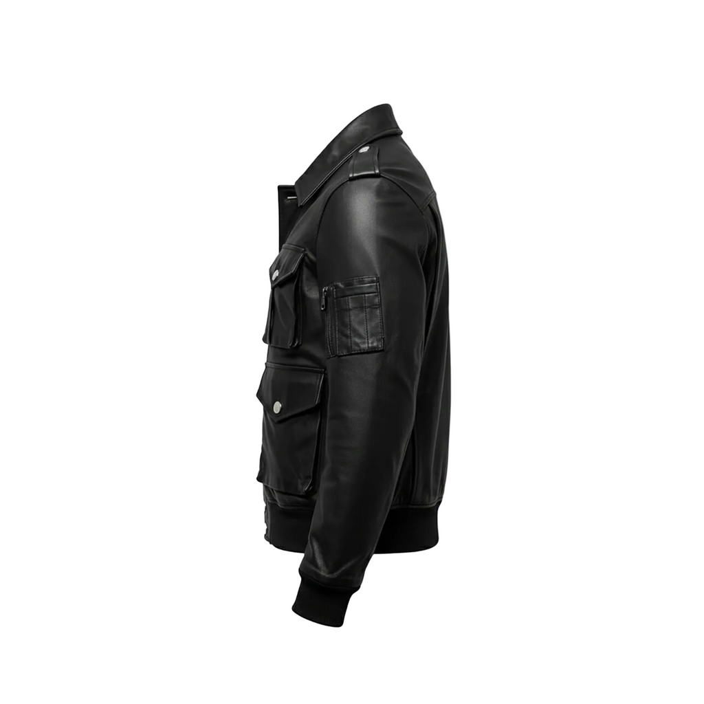 Black leather jacket with multiple pockets on a white background