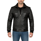 Black leather jacket worn by a person on a white background