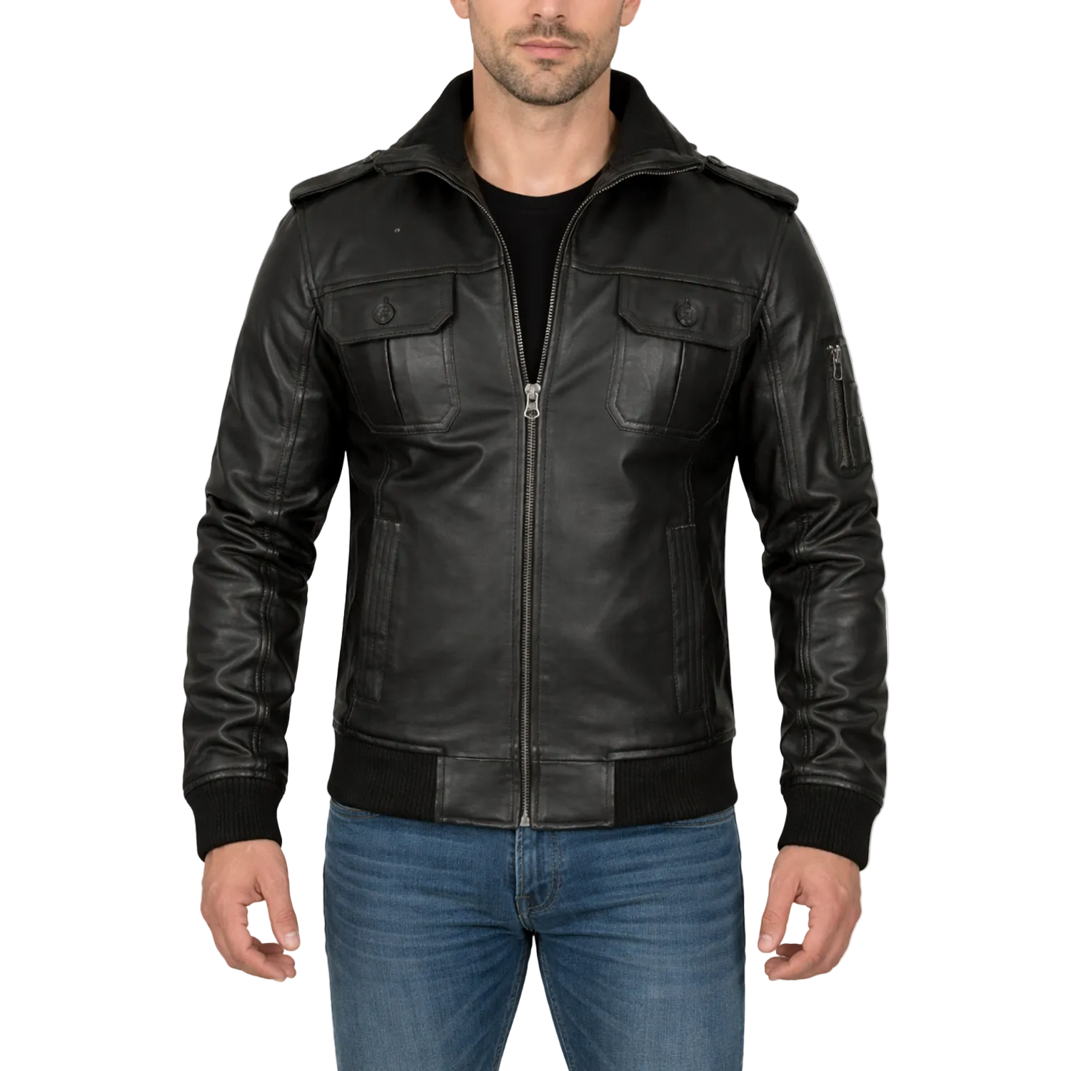 Black leather jacket worn by a person on a white background