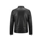 Black leather jacket on a white background with a brand logo.