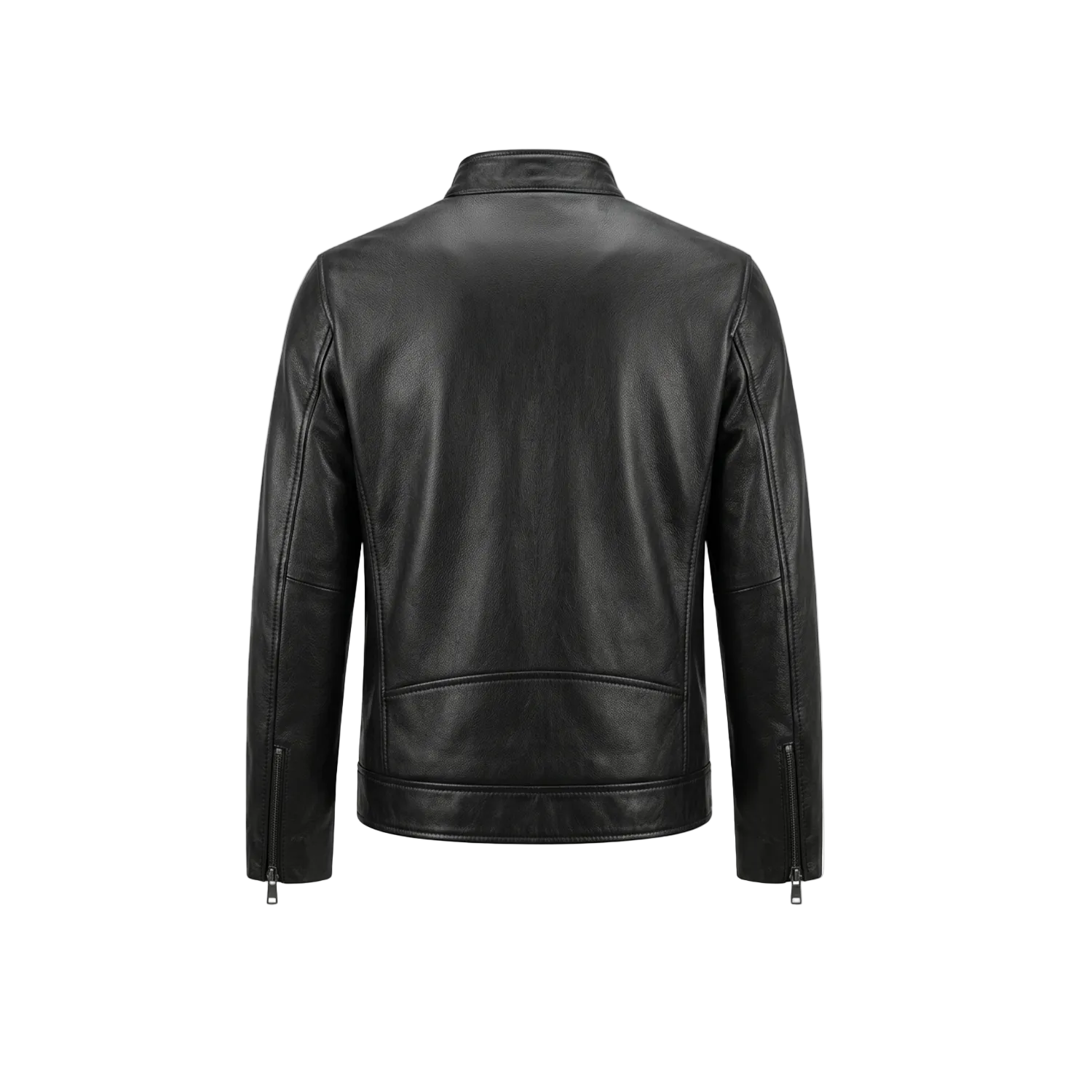 Black leather jacket on a white background with a brand logo.
