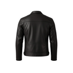 Black leather jacket on a white background with a brand logo.