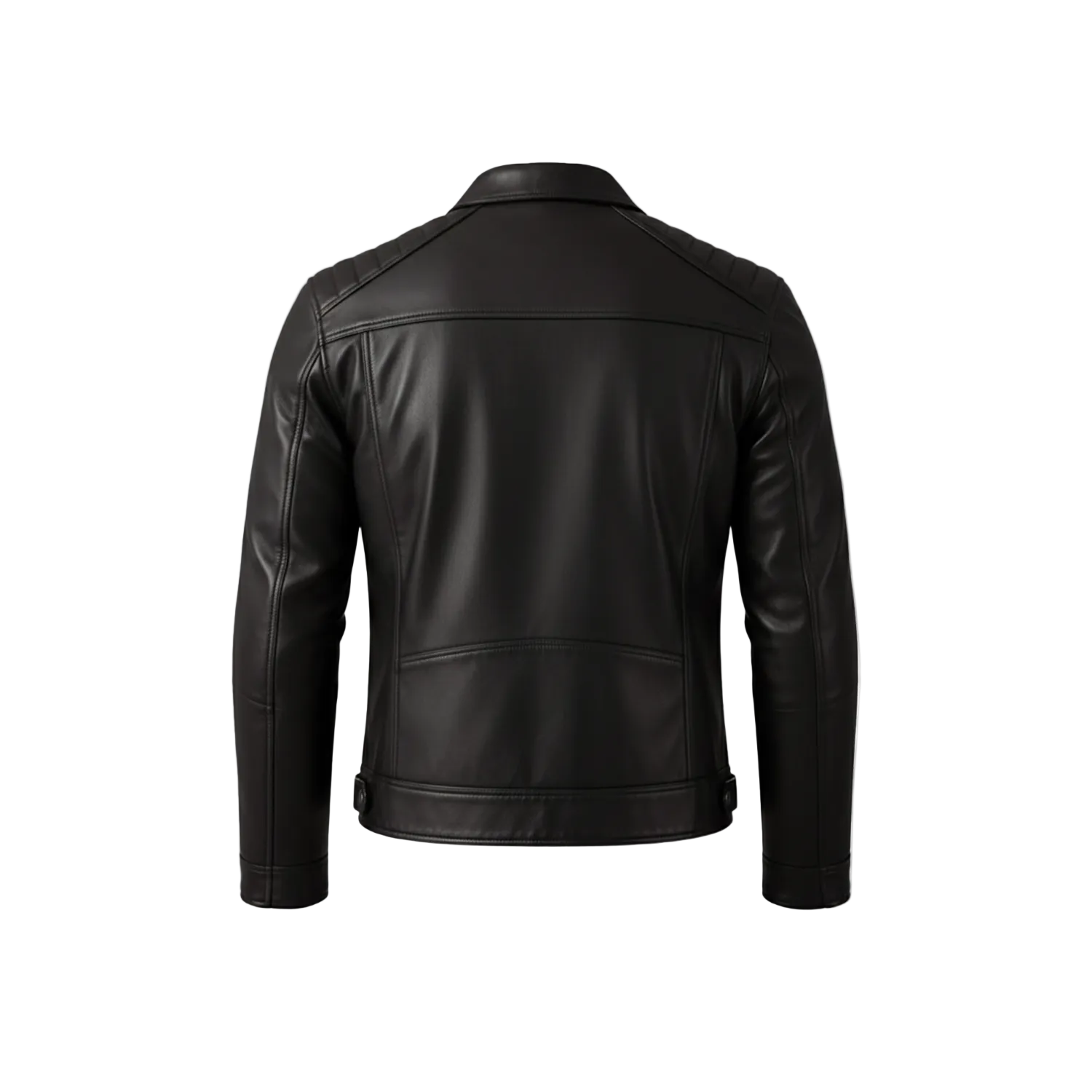 Black leather jacket on a white background with a brand logo.