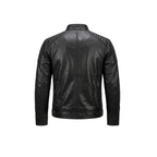 Black leather jacket on a white background with a brand logo.