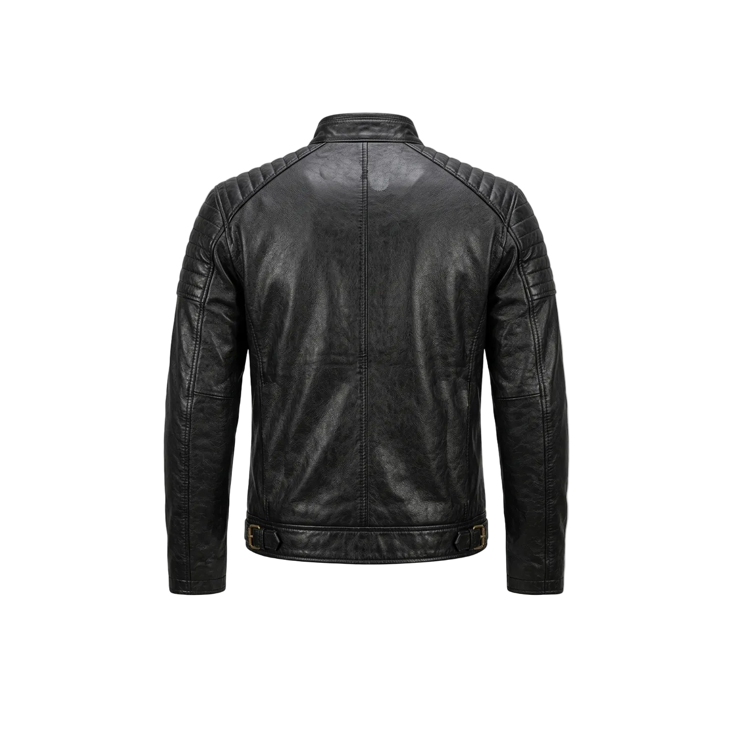 Black leather jacket on a white background with a brand logo.