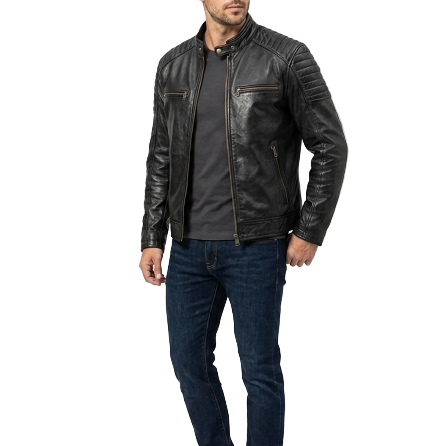 Man wearing a black leather jacket and jeans on a white background