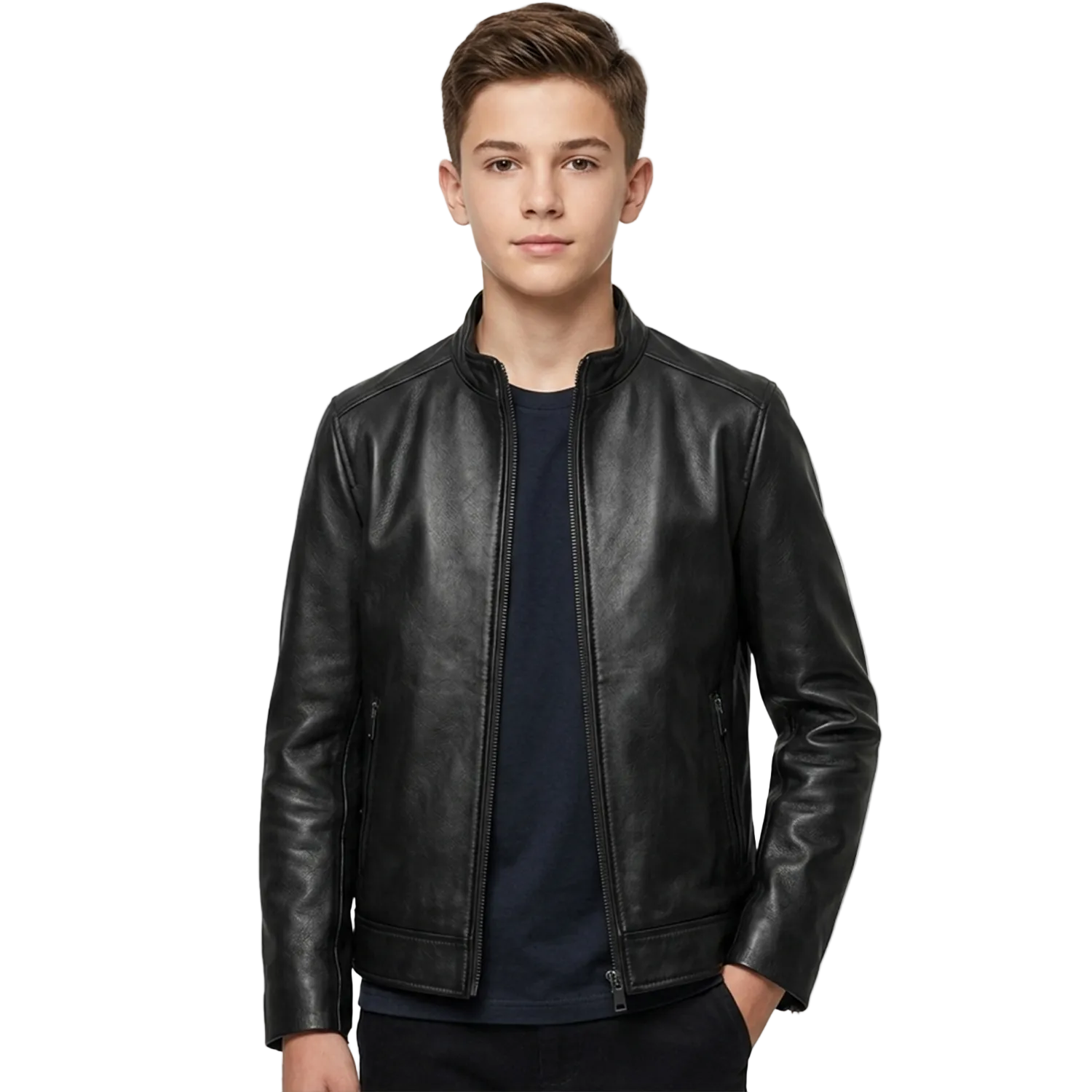 Young man wearing a black leather jacket on a white background