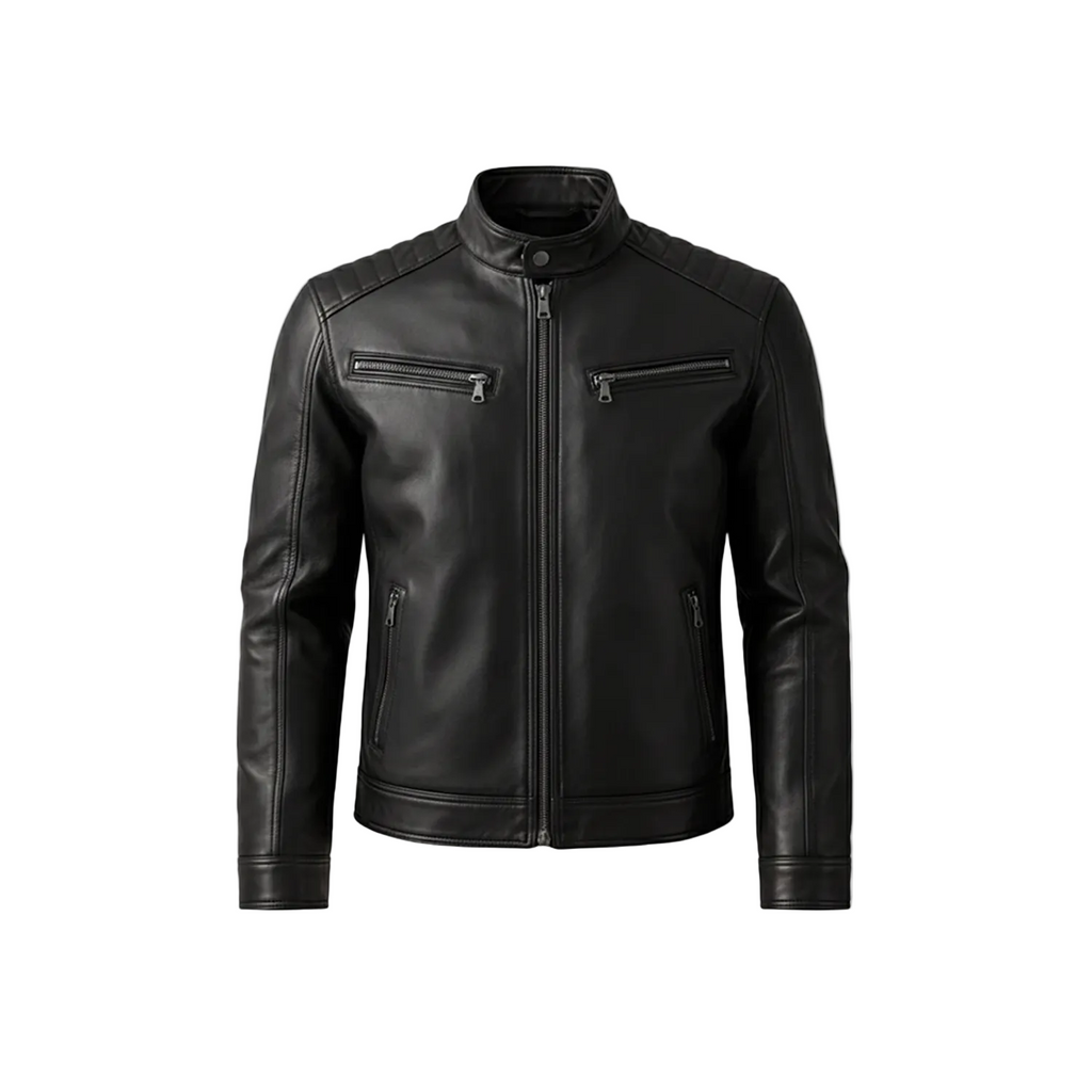 Black leather jacket on a white background with a brand logo.