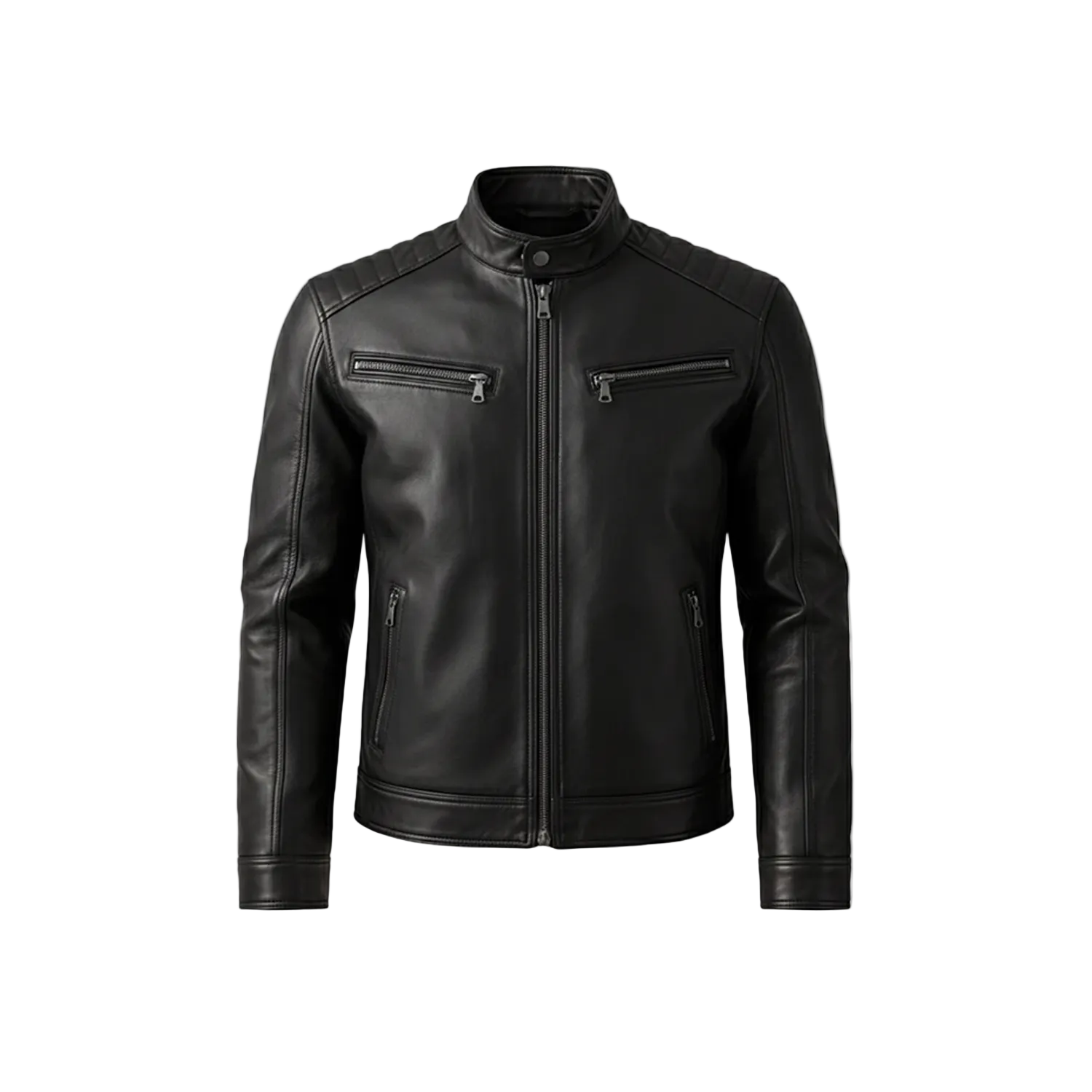 Black leather jacket on a white background with a brand logo.
