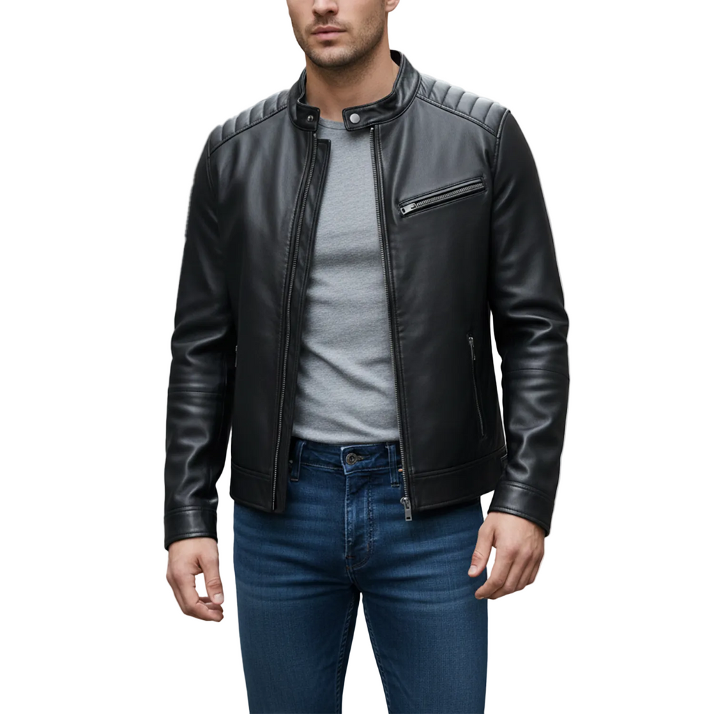 Man wearing a black leather jacket with a white background