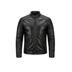 Black leather jacket on a white background with a brand logo.