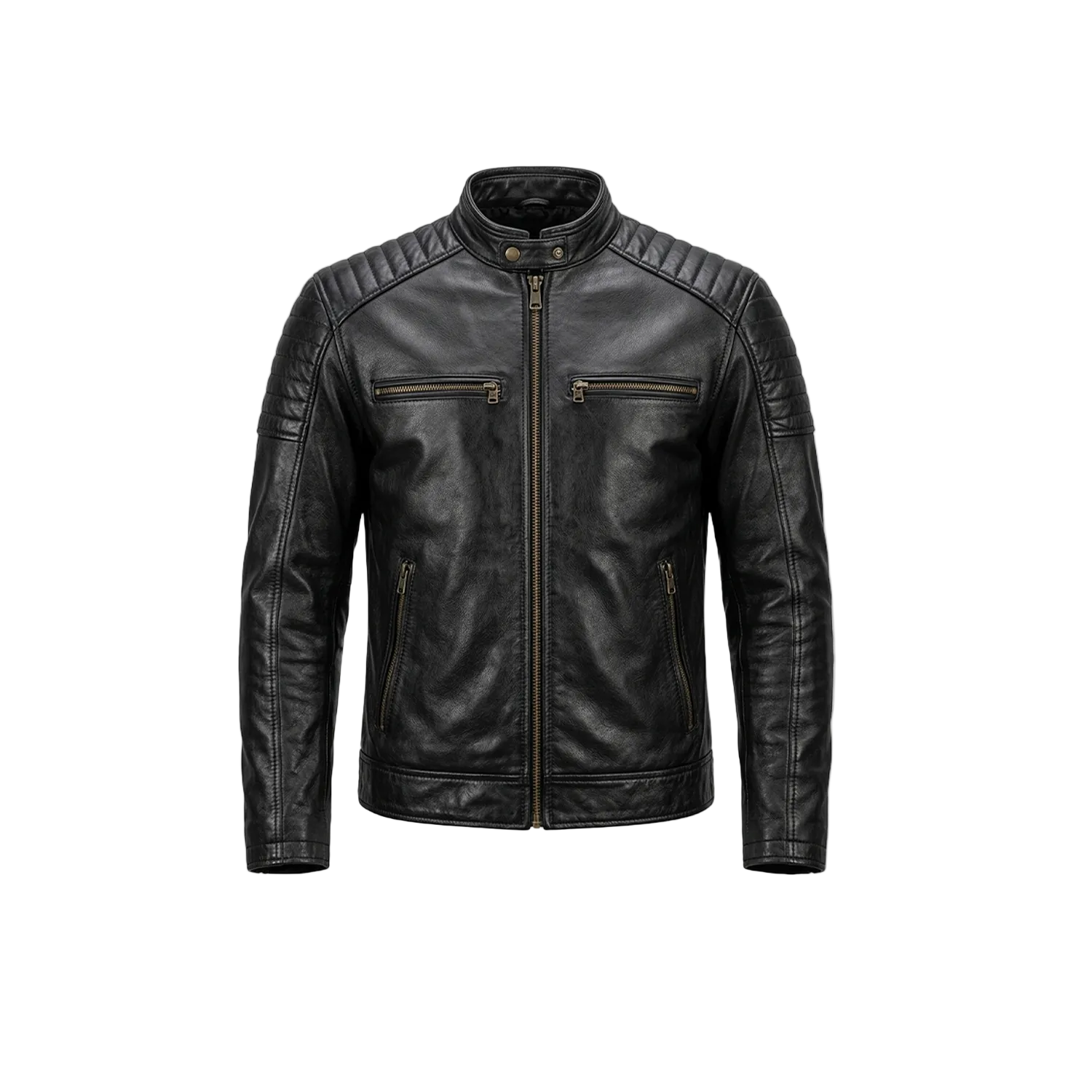 Black leather jacket on a white background with a brand logo.