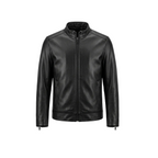 Black leather jacket on a white background with a brand logo.