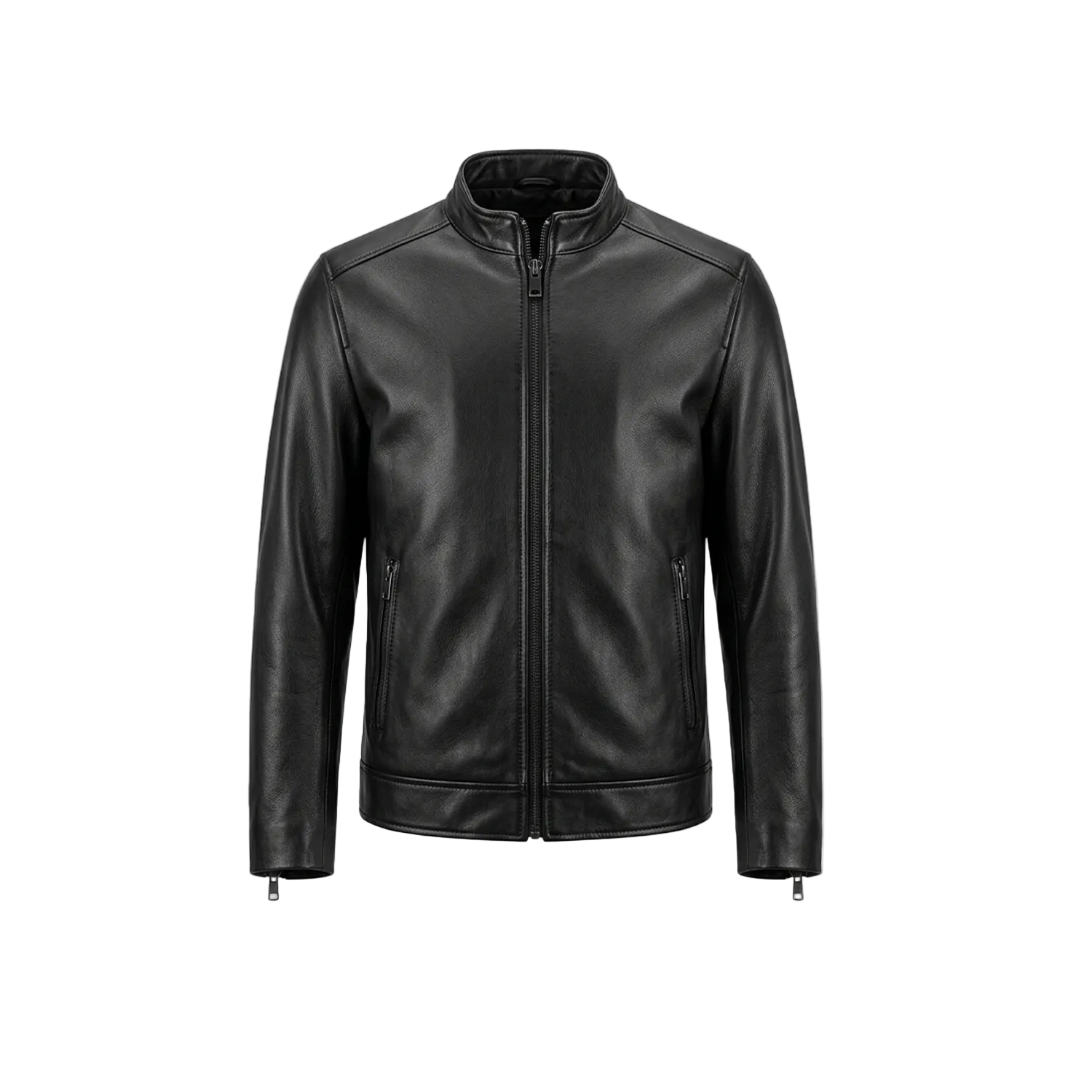 Black leather jacket on a white background with a brand logo.