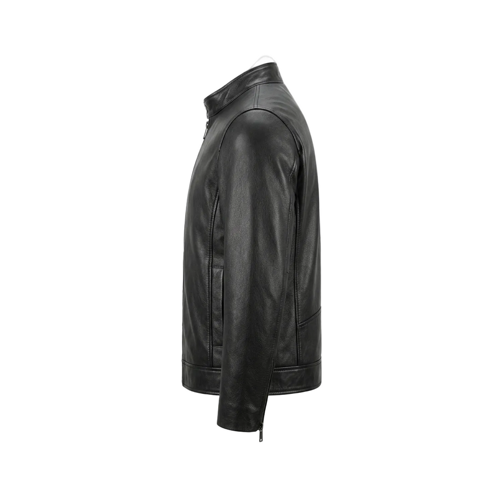 Black leather jacket on a white background with a brand logo.