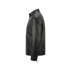 Black leather jacket on a white background with a brand logo.