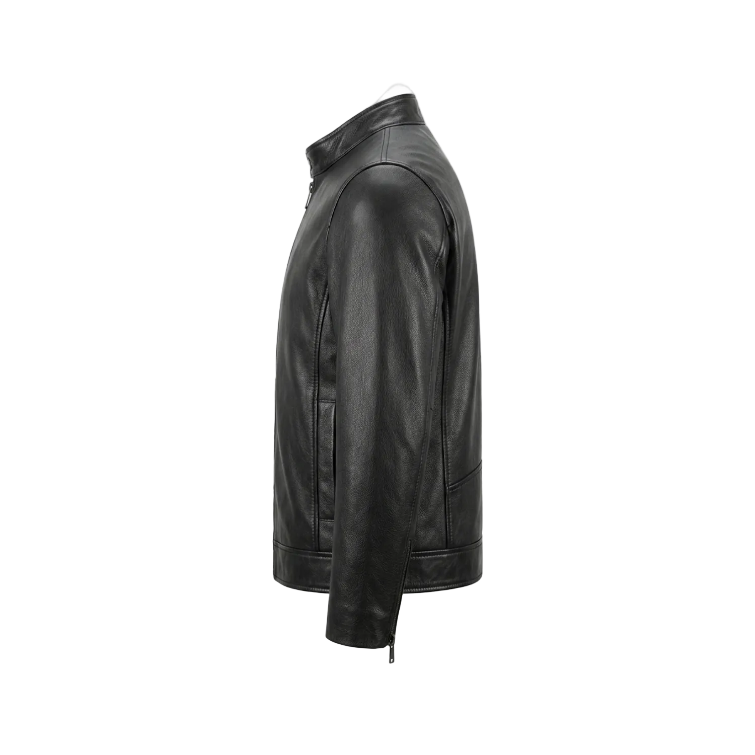 Black leather jacket on a white background with a brand logo.