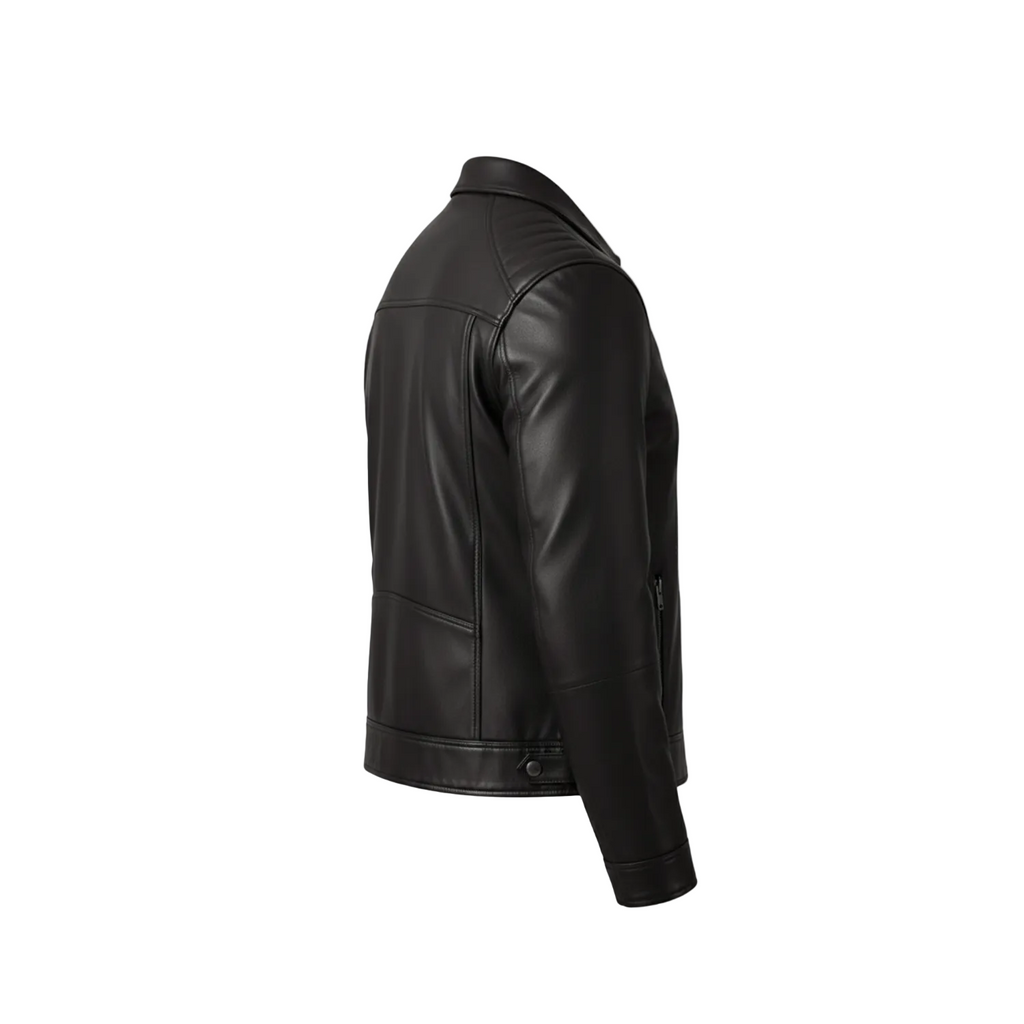 Black leather jacket on a white background with a brand logo.
