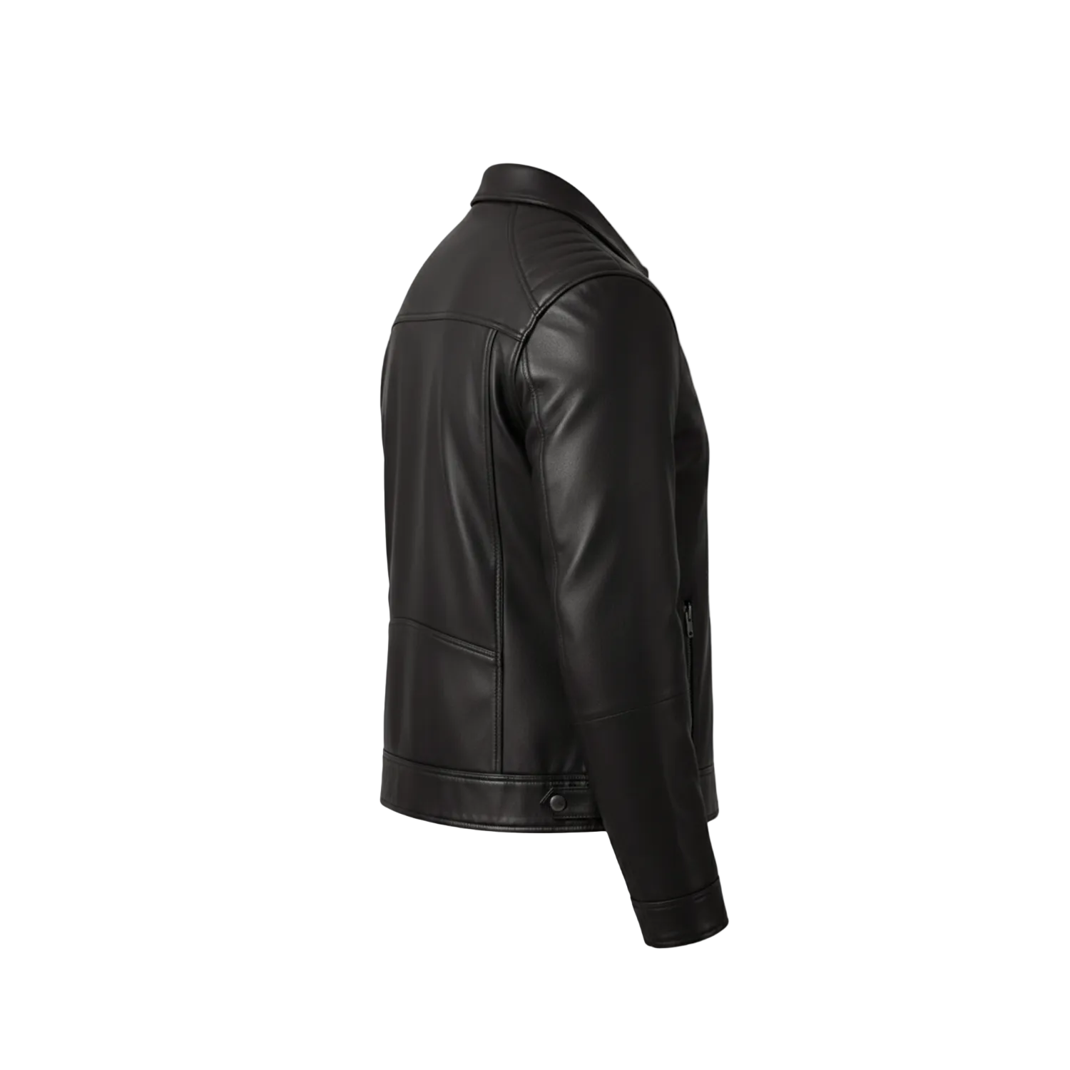Black leather jacket on a white background with a brand logo.