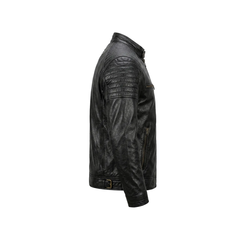 Black leather jacket on a white background with a brand logo.