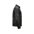 Black leather jacket on a white background with a brand logo.