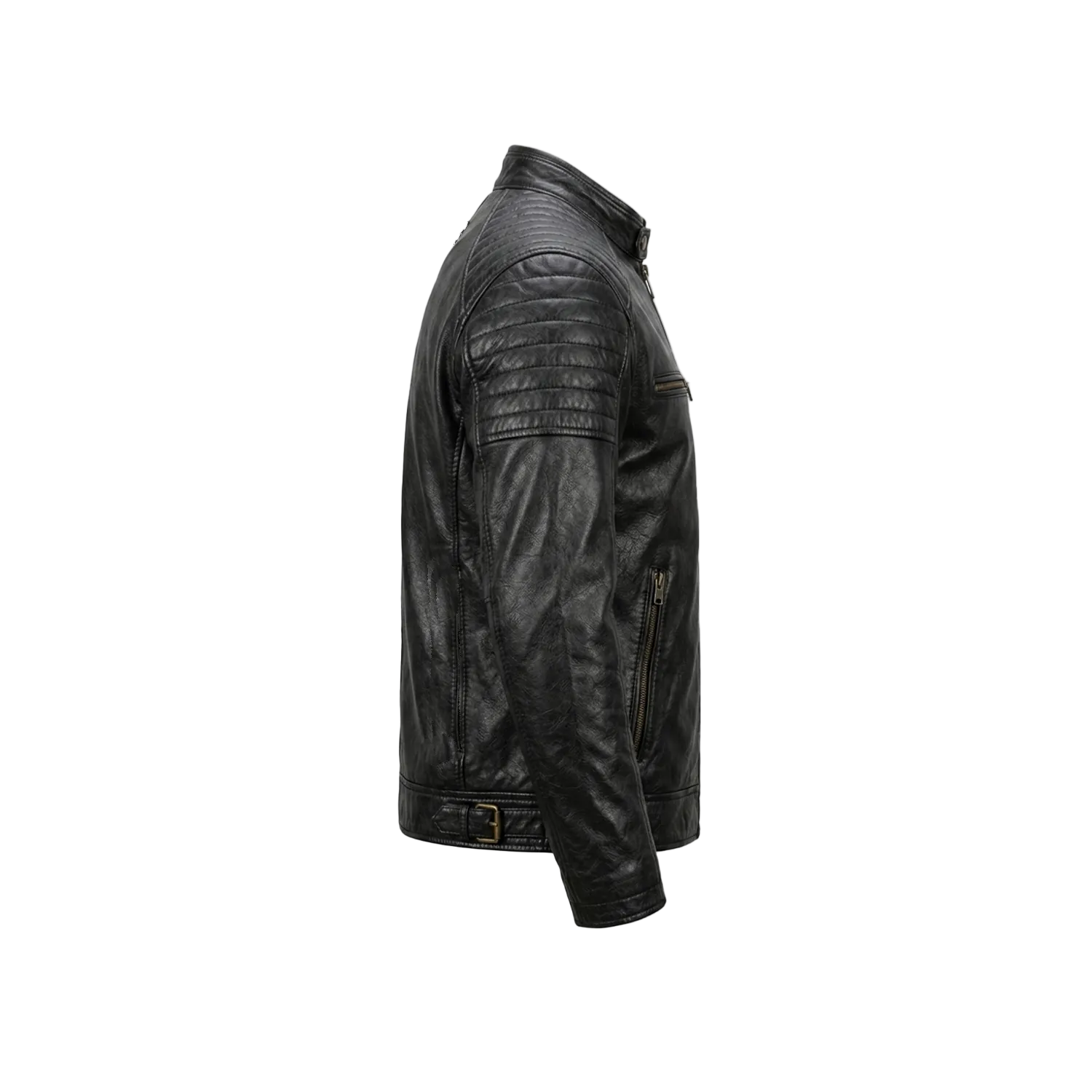 Black leather jacket on a white background with a brand logo.