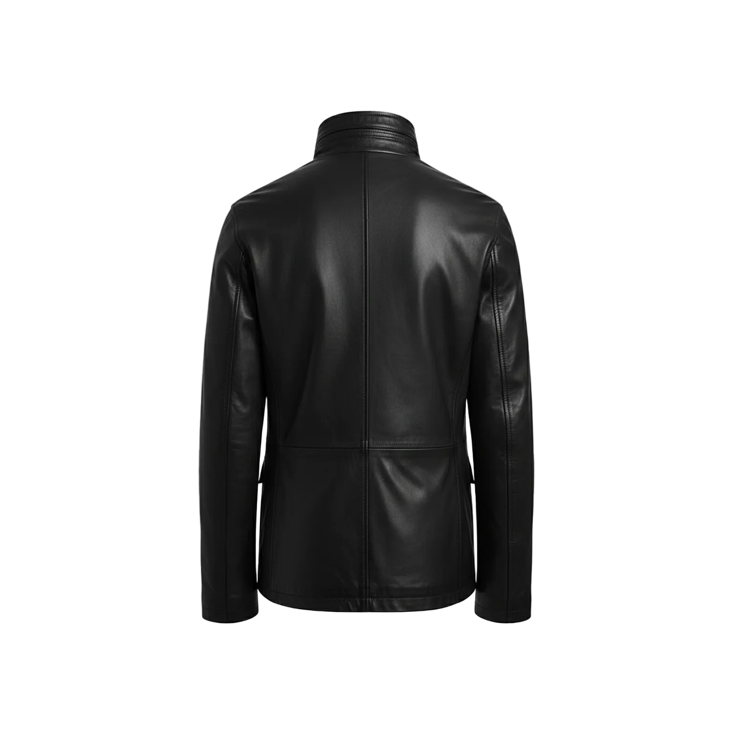 Black leather jacket on a white background with brand logo.