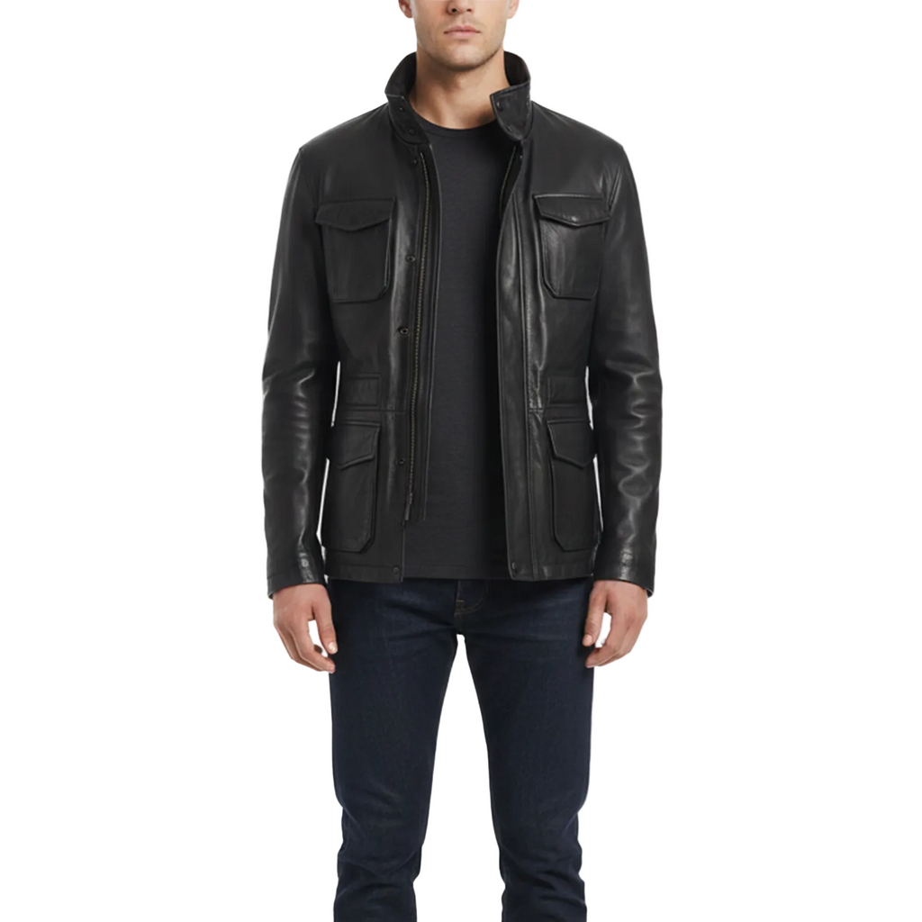 Man wearing a black leather jacket on a white background with a brand logo.