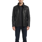 Man wearing a black leather jacket on a white background with a brand logo.