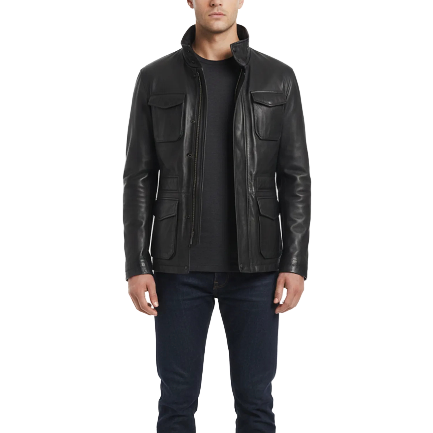 Man wearing a black leather jacket on a white background with a brand logo.