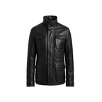 Black leather jacket with multiple pockets on a white background