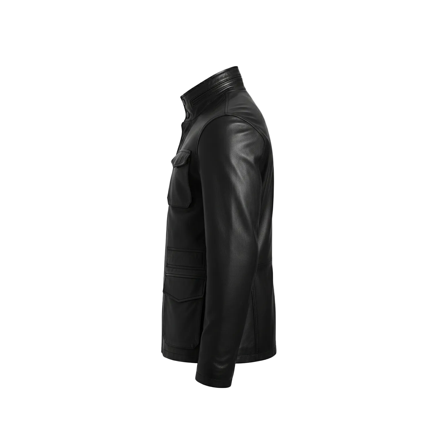 Black leather jacket on a white background with a brand logo.