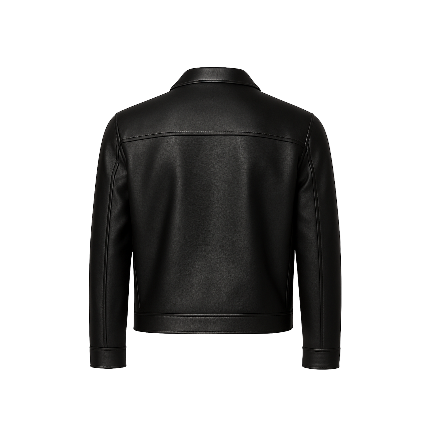Black leather jacket on a white background with a brand logo.