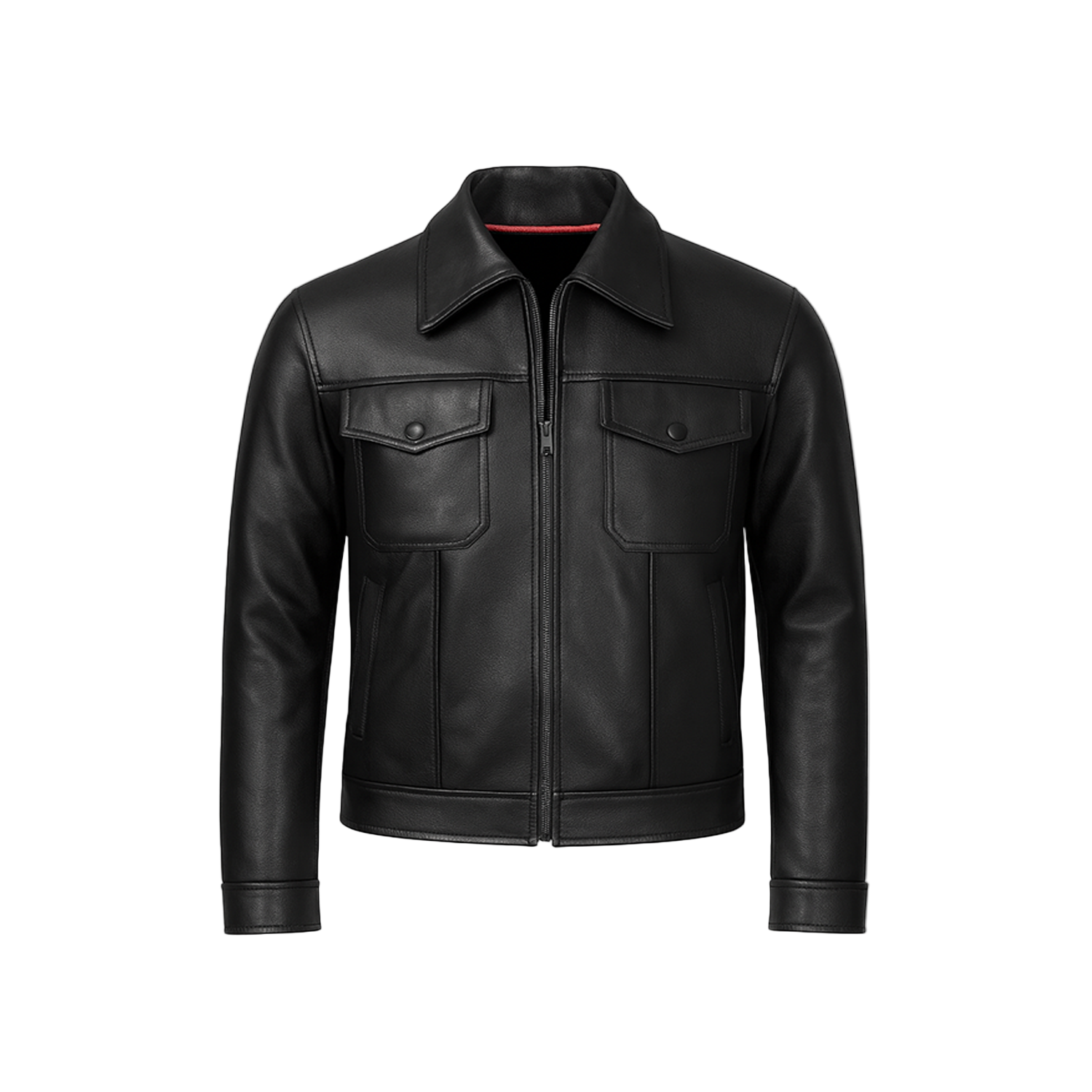 Black leather jacket on a white background with a brand logo.