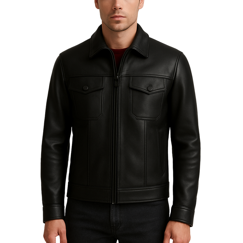 Man wearing a black leather jacket on a white background
