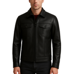 Man wearing a black leather jacket on a white background