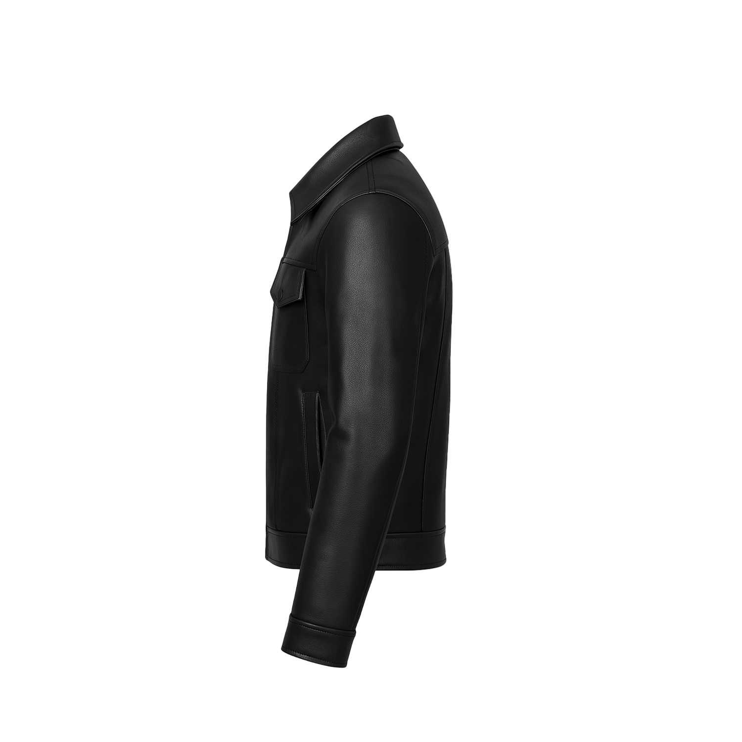 Black leather jacket on a white background with a brand logo.
