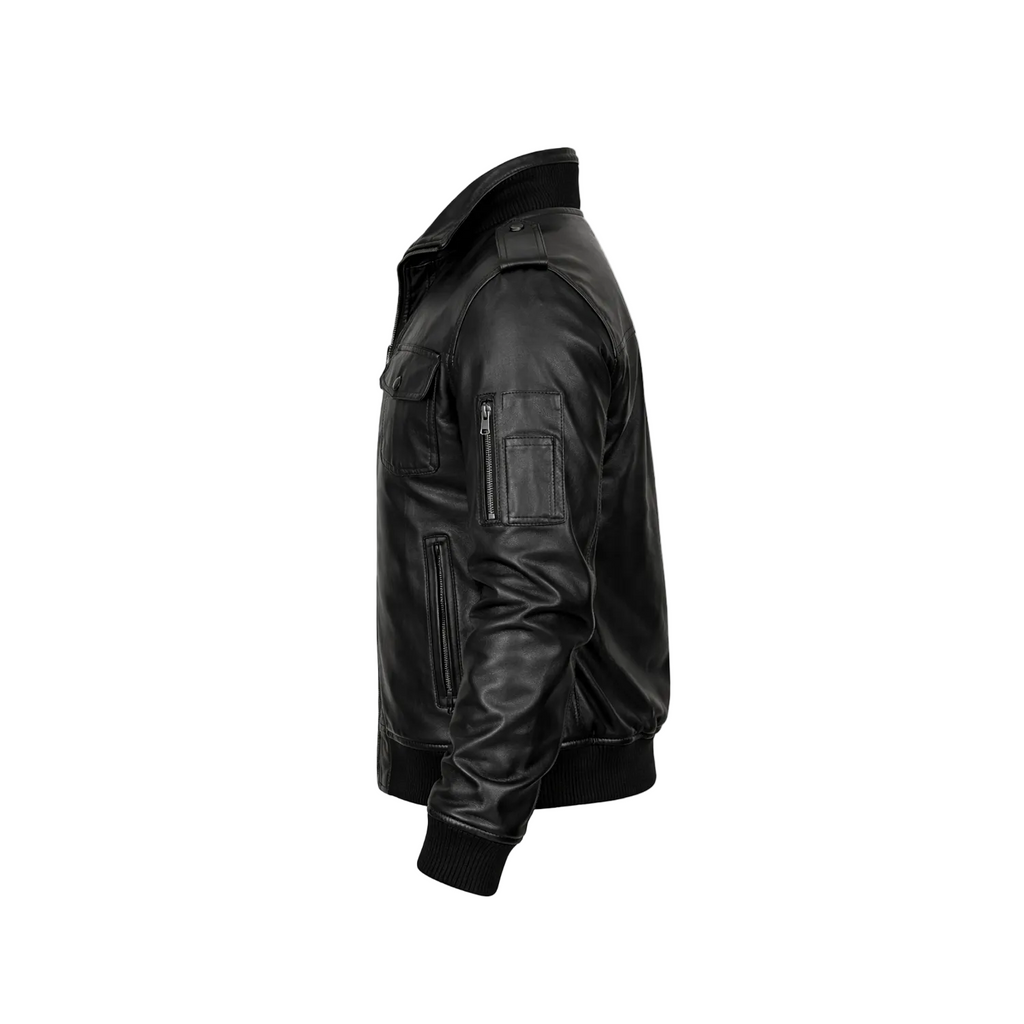Black leather jacket on a white background with a brand logo.