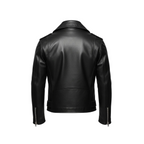 Black leather jacket on a white background with brand logo.