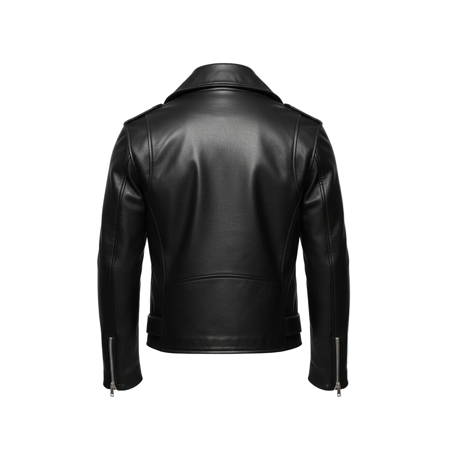 Black leather jacket on a white background with brand logo.