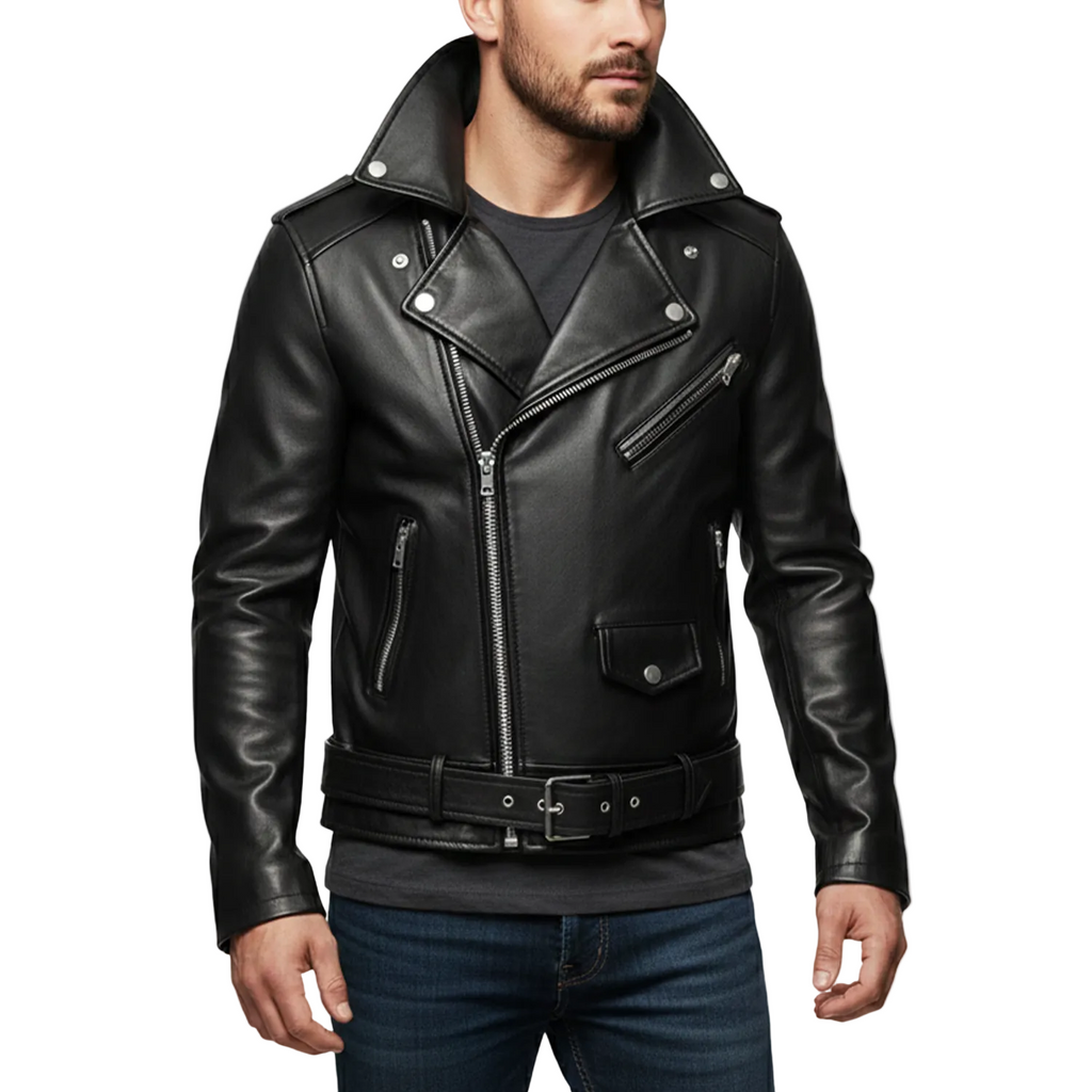 Black leather jacket worn by a person on a white background