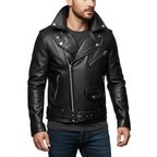 Black leather jacket worn by a person on a white background