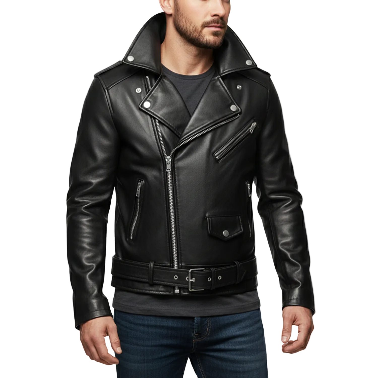 Black leather jacket worn by a person on a white background