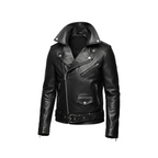 Black leather jacket on a white background with brand logo.