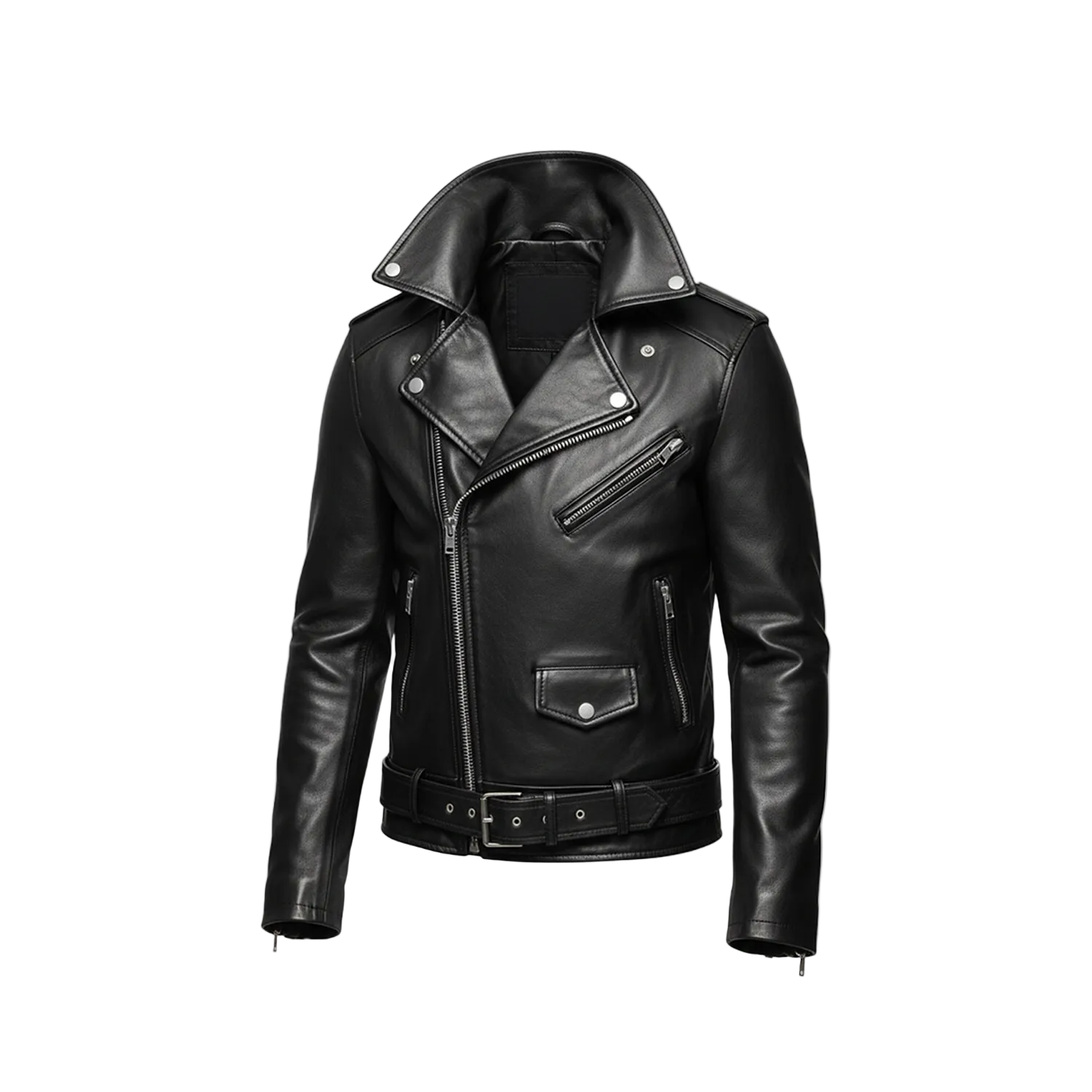 Black leather jacket on a white background with brand logo.