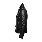 Black leather jacket on a white background with a brand logo.