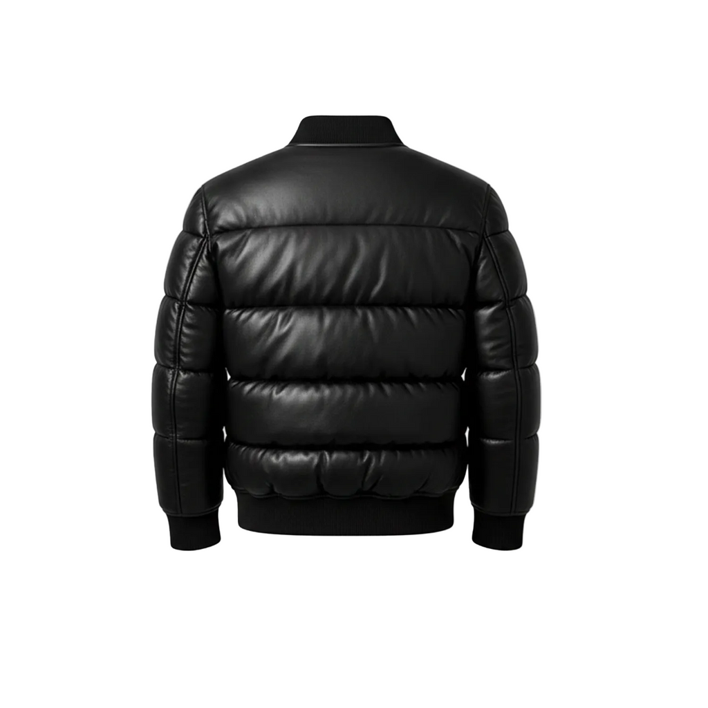 Black puffer jacket on a white background with a brand logo in the corner.