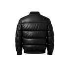 Black puffer jacket on a white background with a brand logo in the corner.