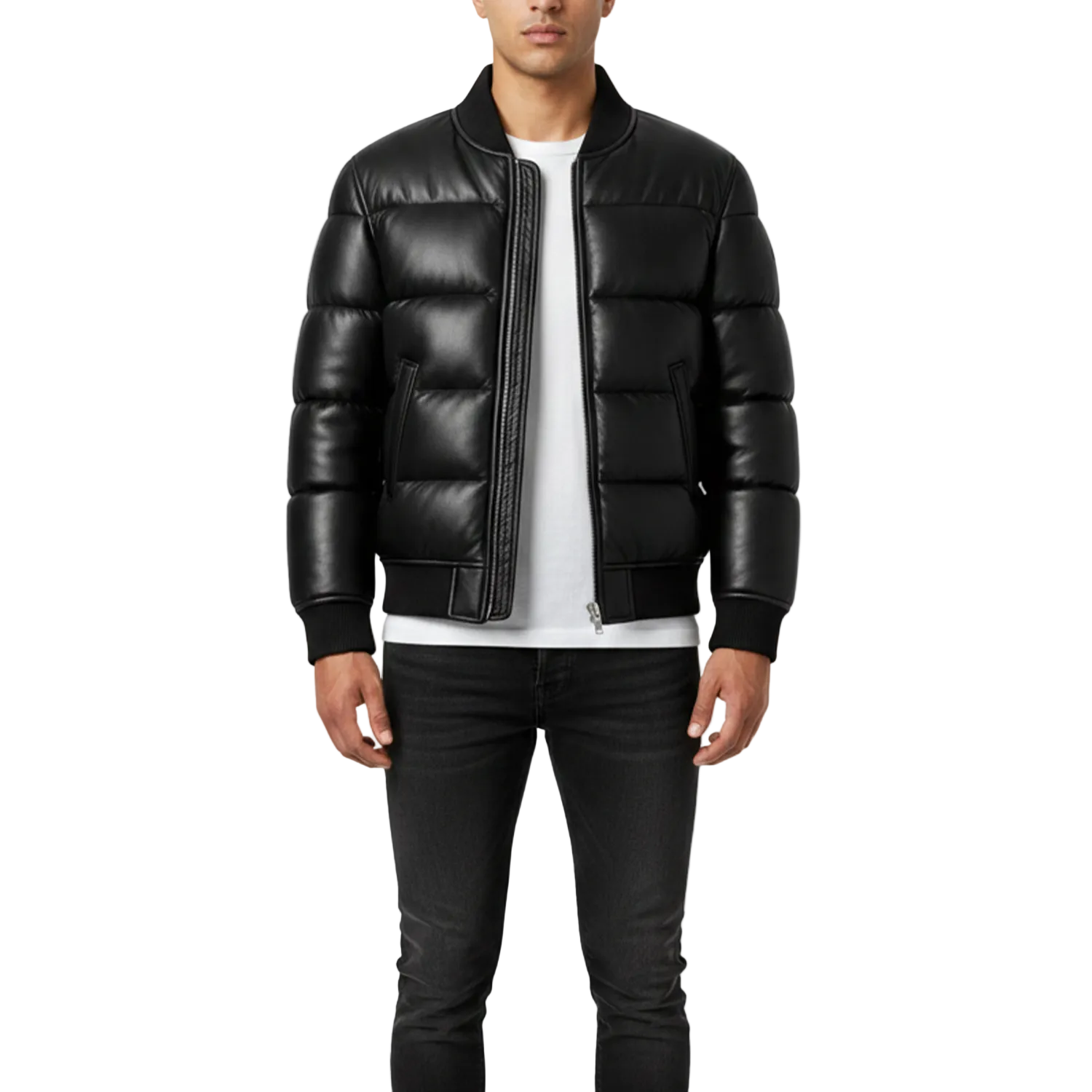 Man wearing a black leather jacket with a white background