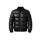 Black puffer jacket on a white background with a brand logo.